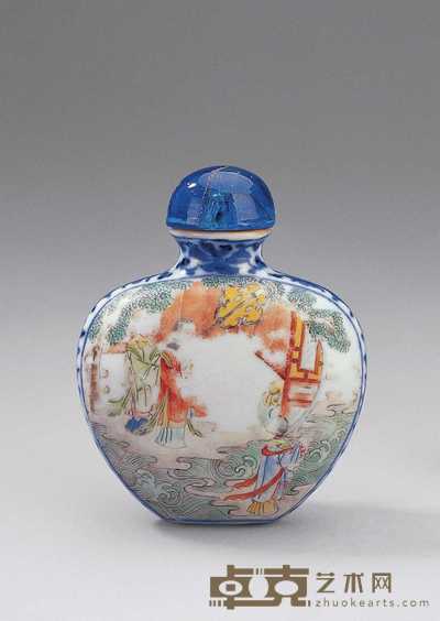 清乾隆 粉彩青花开光人物烟壶 6.8cm
